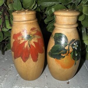 Vintage Wooden Salt And Pepper Shakers With Painted Floral Fruit Pattern 3"
